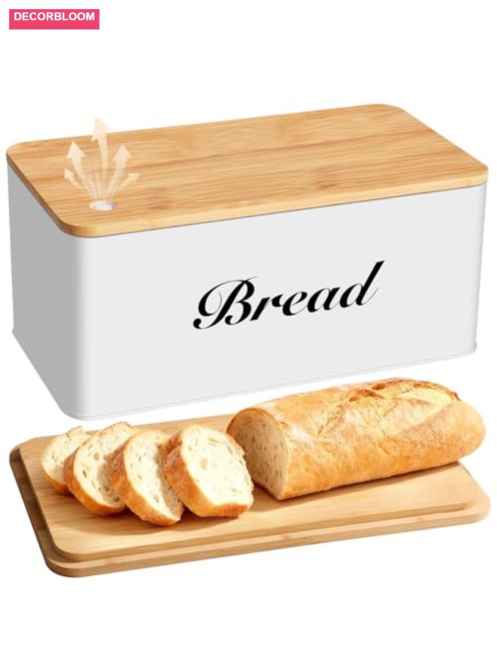 White Metal Bread Box with Bamboo Lid and One-Way Degassing Valve for Kitchen